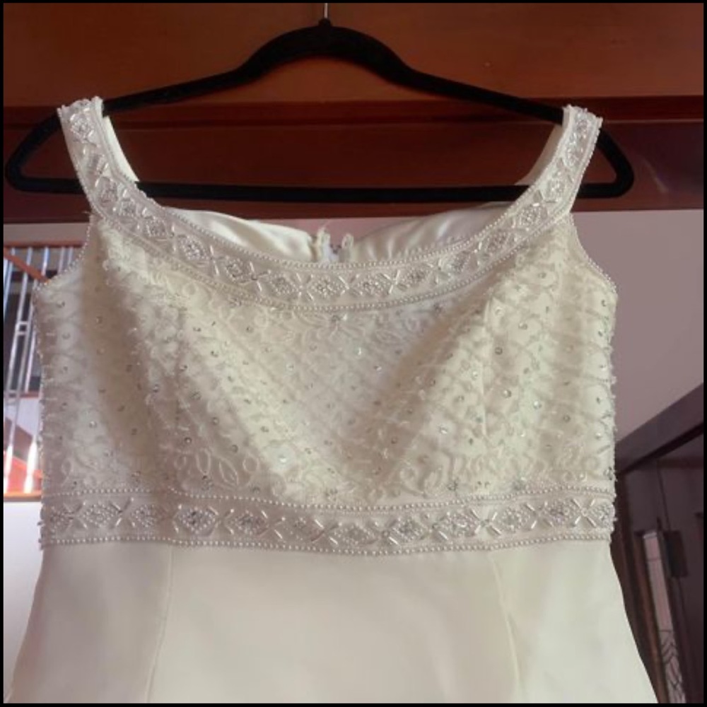 Demetrio’s Beaded A Line Wedding Dress With Attachable Train Off The Shoulder